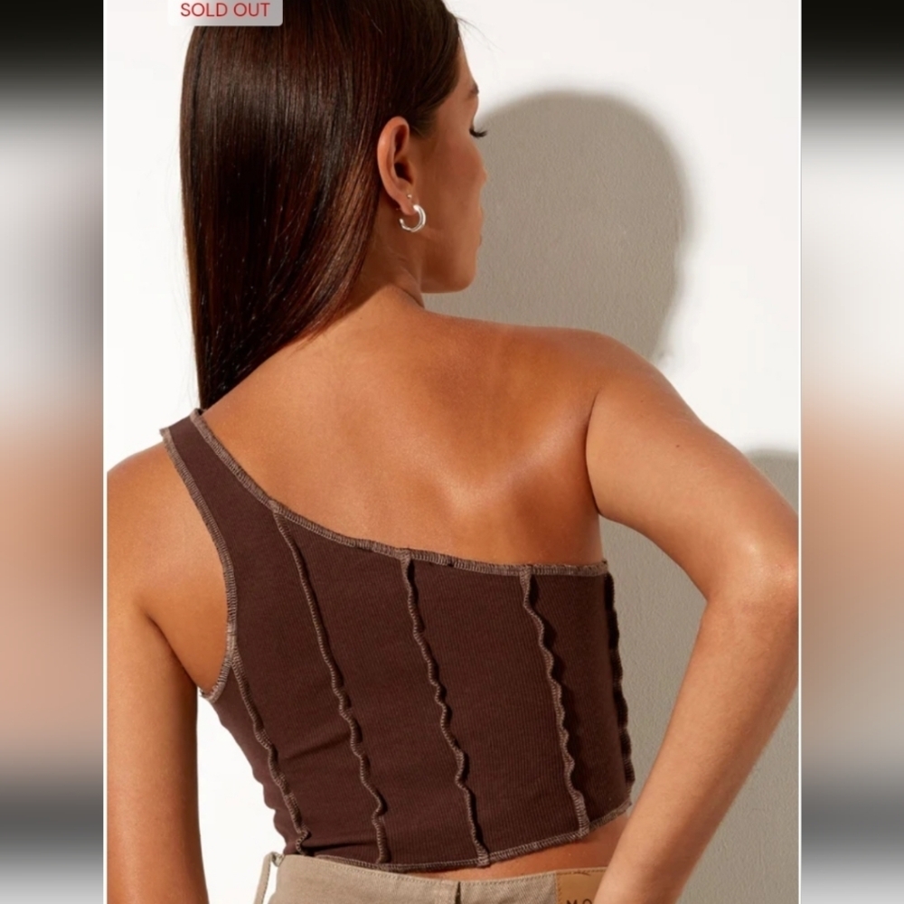 Motel Rocks Rara Crop Top In Rib Deep Mahogany With Brown Stitching Size M NWT - Picture 2 of 7